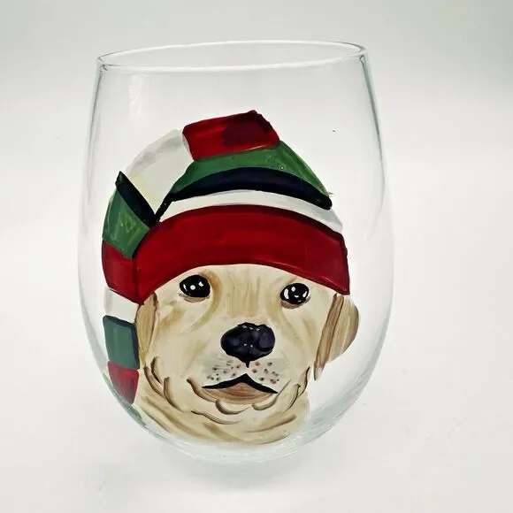 Christmas Holiday Dogs Stemless Wine Glasses Pier 1 Imports Hand Painted - Picture 15 of 16